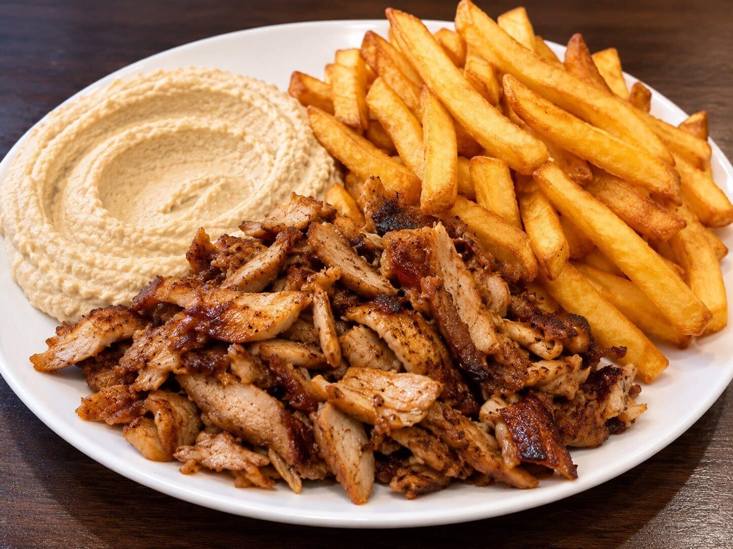 Assiette Houmous Bassar avec houmous, boeuf haché et frites