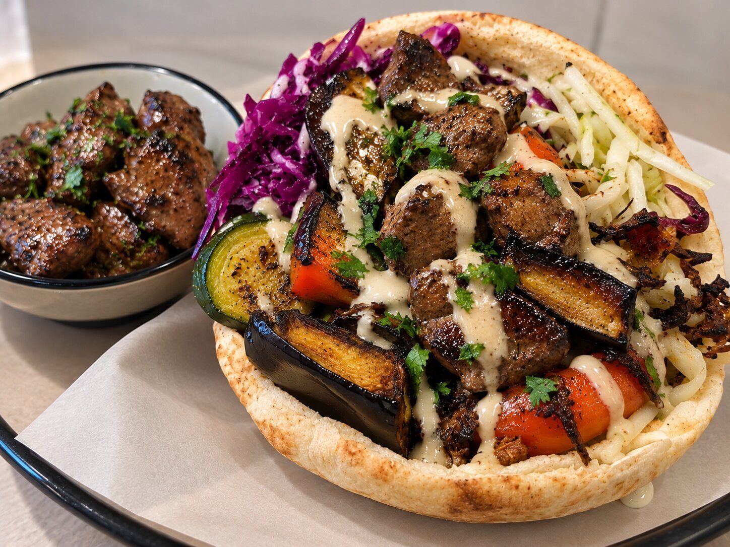 Pita Meorav garnie de foie de volaille et de légumes grillés